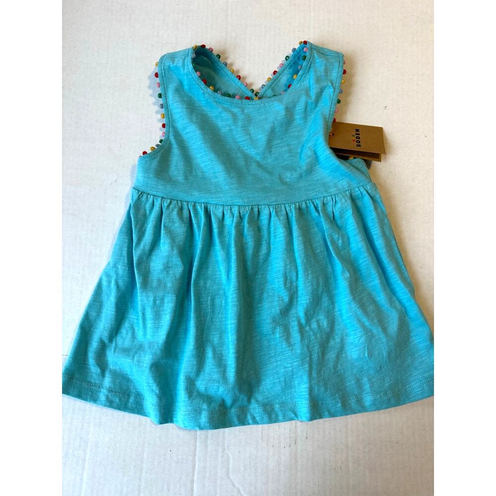 NEW Mini Boden Cross Back Pom Top Blue Sz 6-7‎